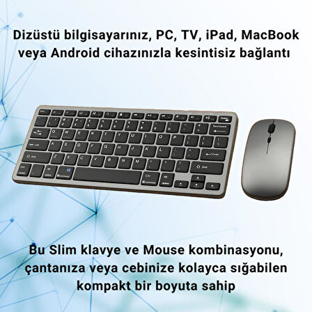 Polham Premium Slim Süper Sessiz Klavye ve Mouse Seti, Telefon, Tablet, PC, TV Uyumlu Klavye Seti