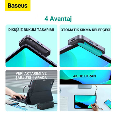 Baseus 4in1 100W PD Type C Klipsli Çevirici Çoğaltıcı Hup, 1x 4K HDMİ, 1x Type C, 1x USB, 1x 3.5MM Çoğaltıcı