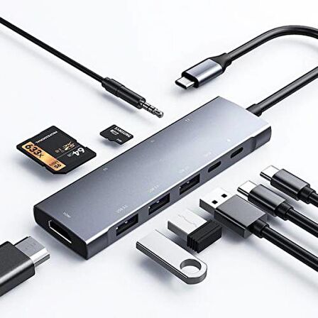 Polham Type C Port 9in1 Çoğaltıcı HUB, 4K HDMİ, RJ45, 3,5MM, SD TF, 3x USB 3.0, 2x PD Type C Adaptör