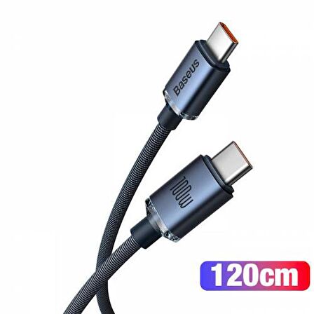 BASEUS 1.2mt Led Işıklı Örgülü 100W Type-C to Type-C Hızlı Şarj Kablosu Samsung Huawei Şarj