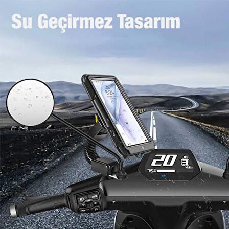 Polham Motosiklet, Scooter İçin Aynaya Takılan Su Geçirmez Telefon Tutucu, Dokunmatik Kapaklı Tutucu