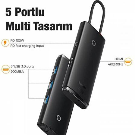 Baseus 100W 5 Portlu Type-C HUB Adaptör Çoklayıcı HDMI 4K 3*USB 3.0 PD Girişli Typce Hub