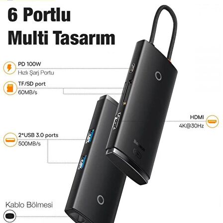 Baseus 100W 6in1 PD Type C Çoğaltıcı Çevirici HUB, 2x USB, 1x HDMİ, 1x PD Type C, 1x SD/TF Adaptör