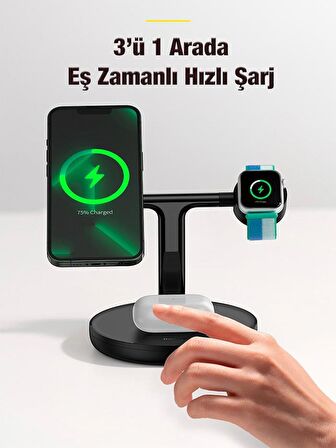 BASEUS 3in1 Magsafe Uyumlu Wireless Kablosuz Şarj İstasyonu, Kulaklık, Telefon, Saat Şarj