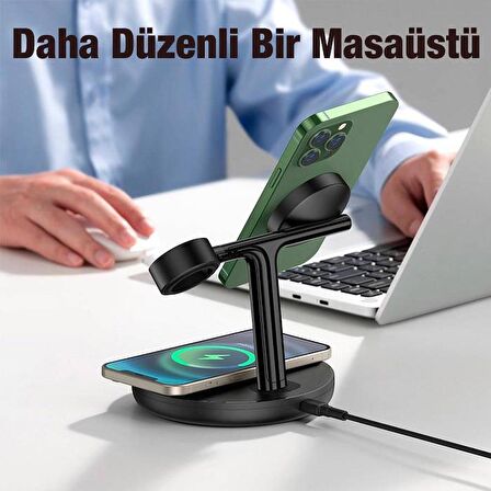 BASEUS 3in1 Magsafe Uyumlu Wireless Kablosuz Şarj İstasyonu, Kulaklık, Telefon, Saat Şarj