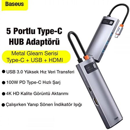 BASEUS 100W 5in1 Type-C HUB, 1x 4K HDMİ, 1x PD Type C, 3x USB 3.0 Girişli Çoğaltıcı Adaptör