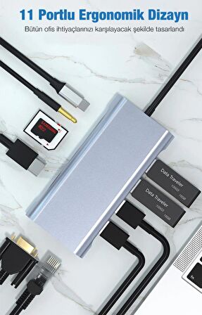 Polham 100W Multifonksiyonel 11in1 Type-C Dönüştürücü, 3x USB, 1x PD Type C, 1x RJ45, 1x HDMİ,1x VGA