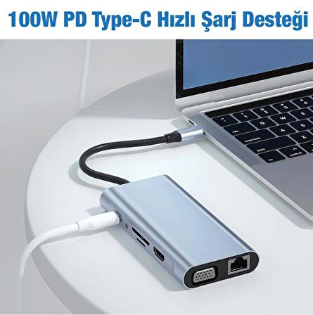 Polham 100W Multifonksiyonel 11in1 Type-C Dönüştürücü, 3x USB, 1x PD Type C, 1x RJ45, 1x HDMİ,1x VGA