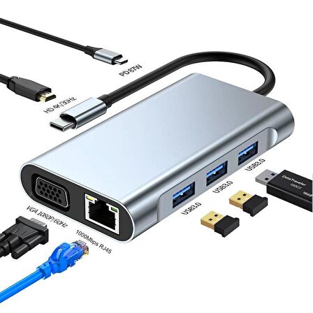 Polham 87W 7in1 PD Type C Çevirici Adaptör, 1x 4K HDMİ, 1x VGA, 1x RJ45, 1x PD Type C, 3x USB HUB