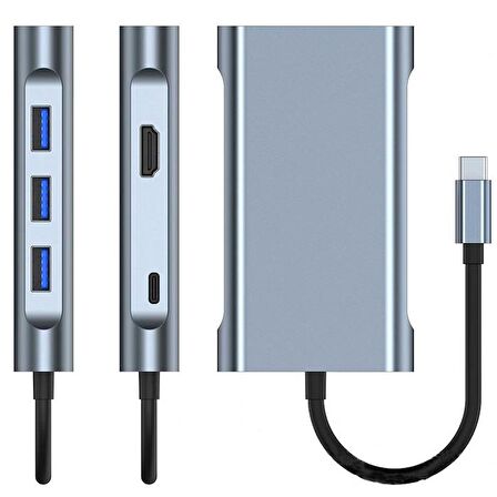 Polham 87W 7in1 PD Type C Çevirici Adaptör, 1x 4K HDMİ, 1x VGA, 1x RJ45, 1x PD Type C, 3x USB HUB