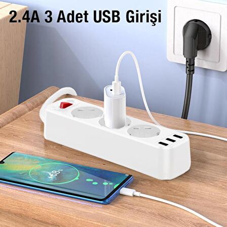 Polham 1.8 Metre 4000W Akım Korumalı 3 Priz, 3 USB Girişli Priz, 3lü Uzatma Kablosu Priz,Ultra Hızlı