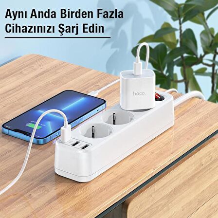 Polham 1.8 Metre 4000W Akım Korumalı 3 Priz, 3 USB Girişli Priz, 3lü Uzatma Kablosu Priz,Ultra Hızlı