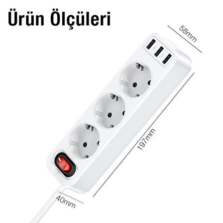 Coofbe 1.8 Metre 4000W Akım Korumalı 3 Priz, 3 USB Girişli Priz, 3lü Uzatma Kablosu Priz,Ultra Hızlı