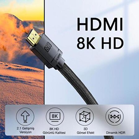 Baseus 8K 60HZ 0.5mt Dinamik Hdr Görüntü Aktarım Hdmi Kablo, 48GBPS Kopmaz Örgü Tasarımlı Hdmi Kablo