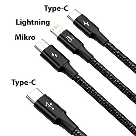 Baseus 1.5 Metre 20W 3in1 Type C, İphone Lightning ve Micro Ultra Hızlı Şarj ve Data Kablosu