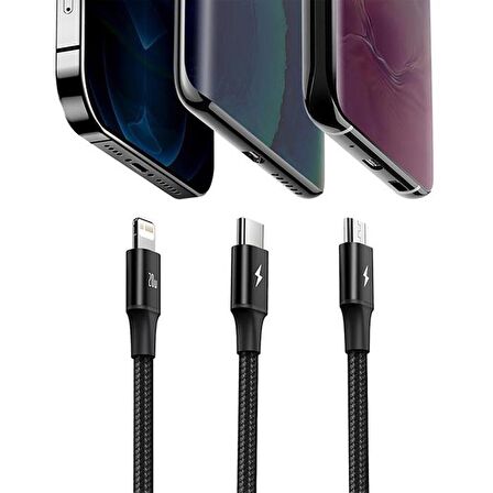 Baseus 1.5 Metre 20W 3in1 Type C, İphone Lightning ve Micro Ultra Hızlı Şarj ve Data Kablosu