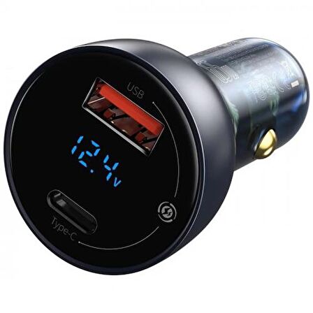 Baseus 65W Digital Göstergeli Araç İçi Şarj Başlığı, 1x PD Type C ve 1x USB Girişli Akım Korumalı