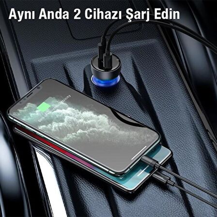 Baseus 65W Digital Göstergeli Araç İçi Şarj Başlığı, 1x PD Type C ve 1x USB Girişli Akım Korumalı
