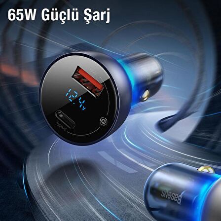 Baseus 65W Digital Göstergeli Araç İçi Şarj Başlığı, 1x PD Type C ve 1x USB Girişli Akım Korumalı