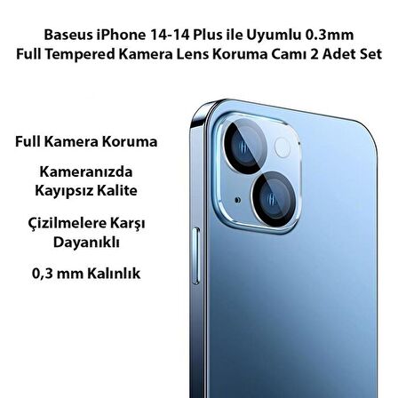 Baseus 2 Adet İPhone 14-14 Plus ile Uyumlu Ful Kaplama Kamera Lens Koruyucu, 0.3MM Tempered Koruyucu