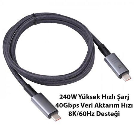 Polham 1MT USB 4.0 240W Thunderbolt Type-C to Type-C Şarj, Data ve 8K 60Hz Görüntü Aktarım Kablosu