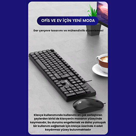 Polham USB Kablolu Sessiz Ofis Ev Tipi Klavye Mouse Seti, Bilek Destekli, Tak Çalıştır Klavye Mouse