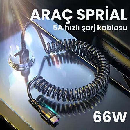 Polham 5A 66W Spiral USB to Type C Şarj ve Data Kablosu,1-1,5 Metre Kısayıp Uzayabilen Elastik Kablo