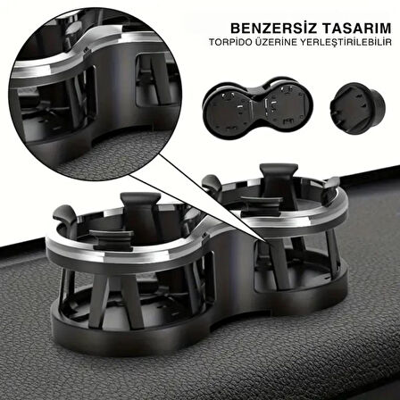 Polham Premium Oto Araç İçi Çift Bardak İçecek Tutucu, Torpido Üstü ve Bardaklık Montajlı Bardak Tutucu