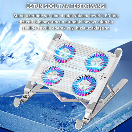 Polham 4 Fanlı RGB Işıklı Laptop Soğutucu Stand, 7 Kademeli Yükseklik Ayarlı Portatif Taşınabilir Stand