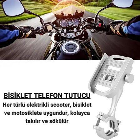 Polham Ful Metal Gidon Uyumlu 360 Derece Dönen Başlık Motorsiklet Telefon Tutucu, Bisiklet, Scooter Uyumlu Sıkıştırmalı Tutucu