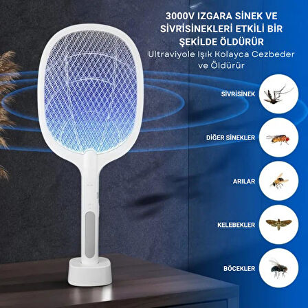 Polham 1200mAh Şarjlı 3000V Süper Güçlü Sivrisinek Öldürücü, 2in1 Taşınabilir ve Standlı Sinek Öldürücü