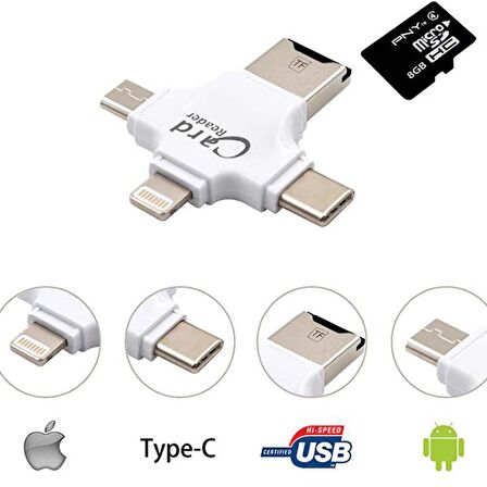 Polham 3in1 Micro, Type-C, İphone Lightning Uyumlu Micro SD Hafıza Kart Okuyucu, Universal Card Reader