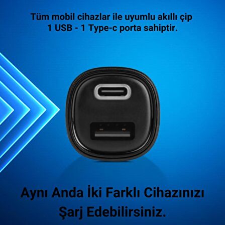 Ttec Süper Hızlı 3.1Amper 1xUSB ve 1x Type-C Araç Şarj Cihazı, 12/24V Çakmaklık Girişli Akım Korumalı