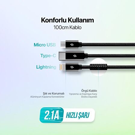 Ttec 100CM 2.1A Süper Hızlı 3in1 USB to Type-C, Lightning, Micro USB Data Şarj Kablosu, Halat Kopmaz