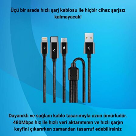 Ttec 100CM 2.1A Süper Hızlı 3in1 USB to Type-C, Lightning, Micro USB Data Şarj Kablosu, Halat Kopmaz