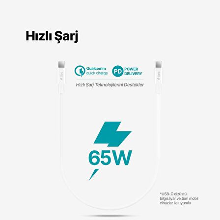 Ttec 65W 30CM PD/QC Mega Hızlı Type C to Type C Şarj ve Data Kablosu, Ultra Dayanıklı Powerbank Kablosu