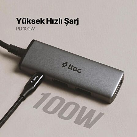 Ttec 4in1 100W Type C Çoğaltıcı Çevirici HUB, 2x USB, 1x PD Type C ve 1x 4K HDMİ Girişli Çoğaltıcı Adaptör