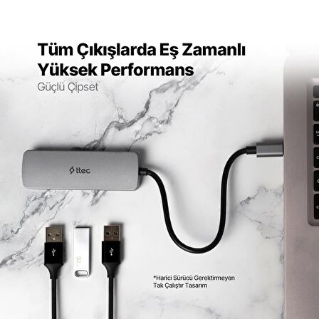 Ttec 4in1 Type C to 4x USB 3.2 Gen1 Çoğaltıcı Çevirici HUB, 5Gbps Yüksek Hızlı Veri Aktarımlı Adaptör