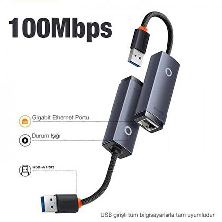 Baseus 100Mbps USB to RJ45 Ethernet Adaptörü,Led Işıklı Tak Çalıştır RJ45 LAN Gibabit Ethernet Portu