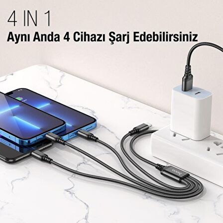 Polham 4in1 1 Metre Type-C, 2x iPhone Lightning, Micro USB Şarj ve Data Kablosu, 2A Halat Kablo