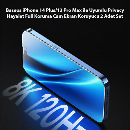 Baseus 2 Adet Set iPhone 13 Pro Max ve 14 Plus Ful Kaplama Gizlilik Önleyici Kırılmaz Ekran Koruyucu