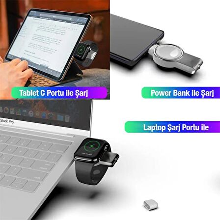 Polham Usb Ve Type C Girişli Apple Watch Uyumlu 1,2,3,4,5,6,7,8 ve SE Akıllı Saat Şarj Aleti, Akım Korumalı 
