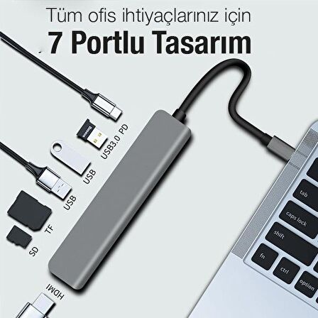 Polham 60W 7in1 Type C To 3x USB, 1x 4K 30Hz HDMİ, 1x TF-SD Kart ve 1x PD Type C Çoğaltıcı Adaptör HUB