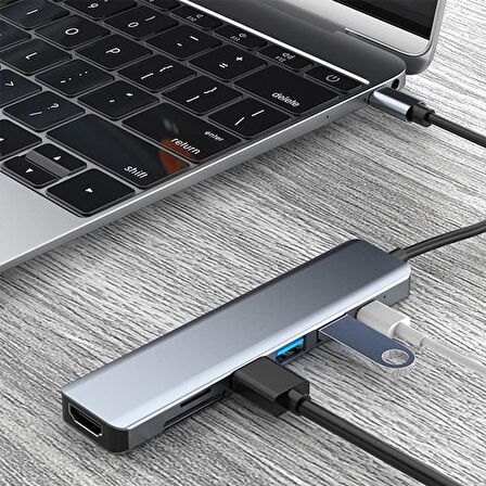 Polham 60W 7in1 Type C To 3x USB, 1x 4K 30Hz HDMİ, 1x TF-SD Kart ve 1x PD Type C Çoğaltıcı Adaptör HUB