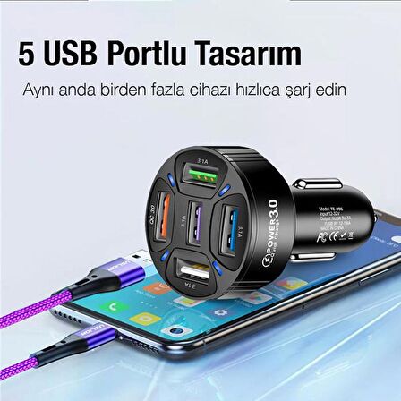 Polham 7A 35W Ultra Hızlı 5x USB Girişli Araç Şarj Başlığı, 12/24V Tüm Girişlere Uyumlu, Isı ve Akım Korumalı Şarj Başlığı