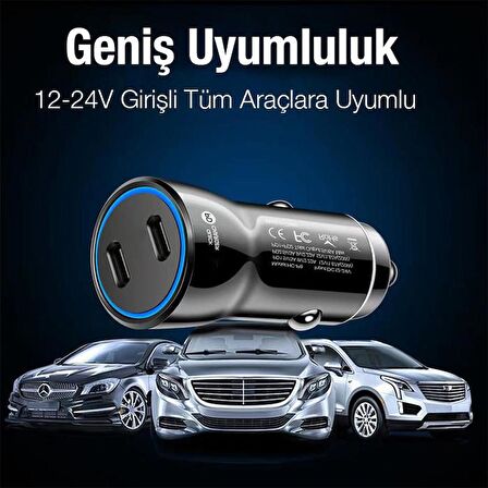 Polham Süper Hızlı Şarj 60W Ultra Hızlı 2x PD Type C Girişli Araç Şarj Başlığı, 12/24V Tüm Girişlere Uyumlu, Isı ve Akım Korumalı Şarj Başlığı