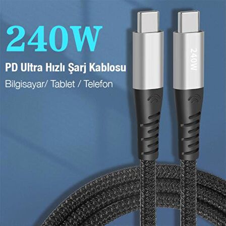 Polham 1 MT 240W 48V/5A Mega Hızlı Type C To Type C Şarj Data Kablosu, Macbook, Notebook Şarj Kablosu