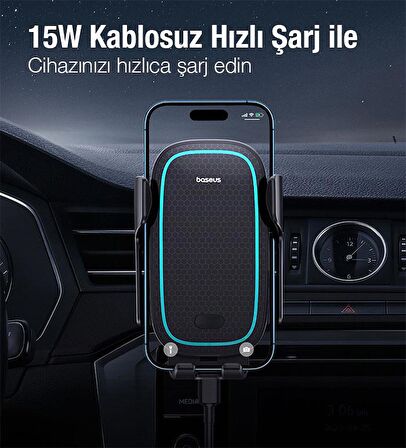 Baseus 15W Kablosuz Şarjlı Havalandırma Bölmesi Araç Telefon Tutucu,Otomatik Kilitli,Mavi Led Işıklı