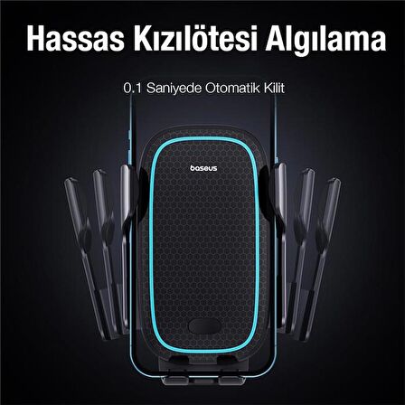 Baseus 15W Kablosuz Şarjlı Havalandırma Bölmesi Araç Telefon Tutucu,Otomatik Kilitli,Mavi Led Işıklı