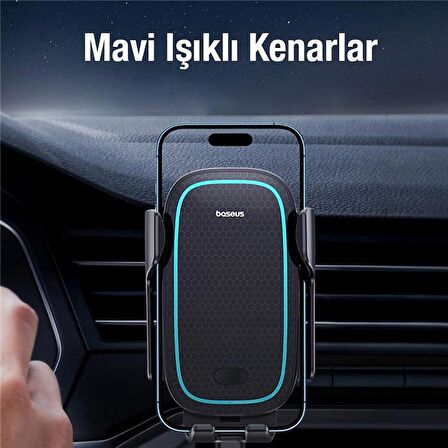 Baseus 15W Kablosuz Şarjlı Havalandırma Bölmesi Araç Telefon Tutucu,Otomatik Kilitli,Mavi Led Işıklı